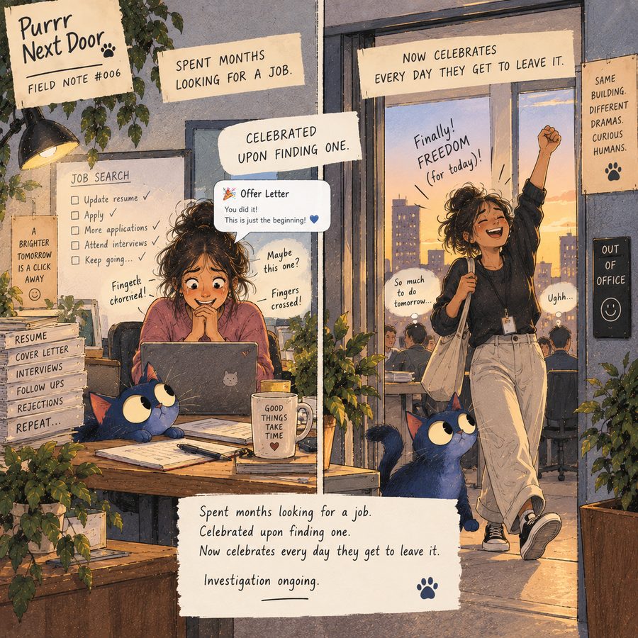 Field note six: spent months looking for a job, celebrated on finding one, now celebrates every day they get to leave it.
